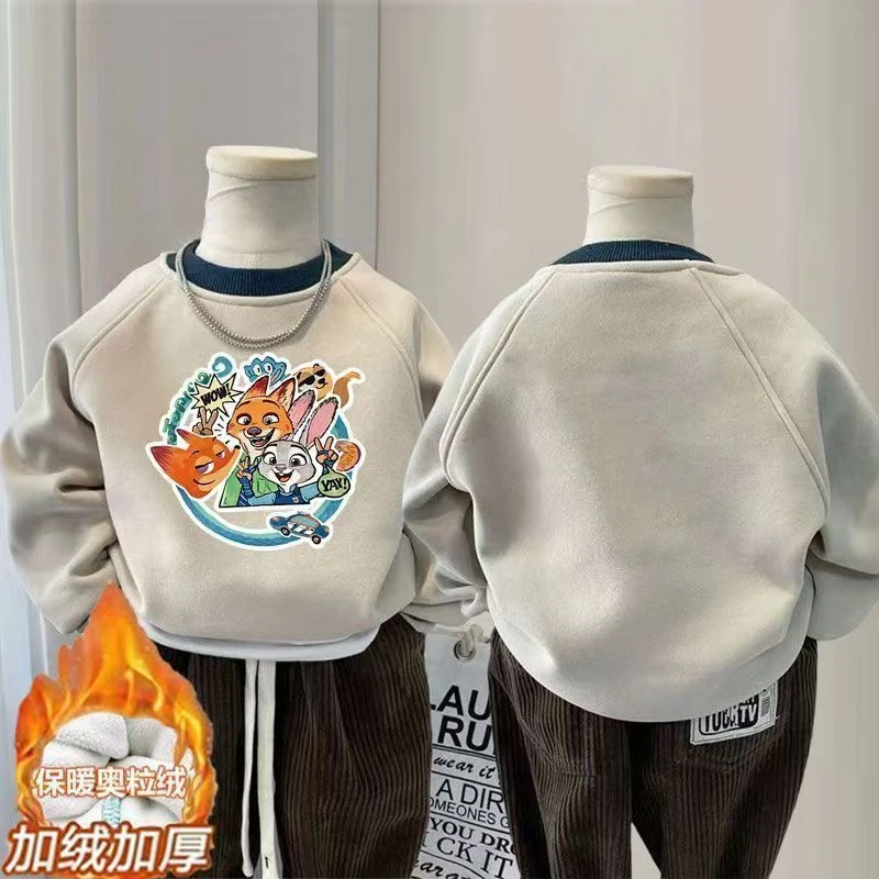 疯狂动物中大童卫衣男女童新款上衣秋冬宝宝加绒洋气卡通加厚圆领