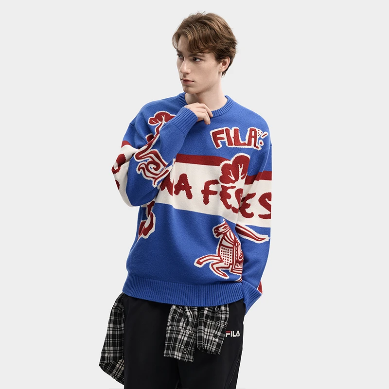 【马上起飞】Fila斐乐毛衣情侣款潮流宽松26年春季款圆领长袖编织衫
