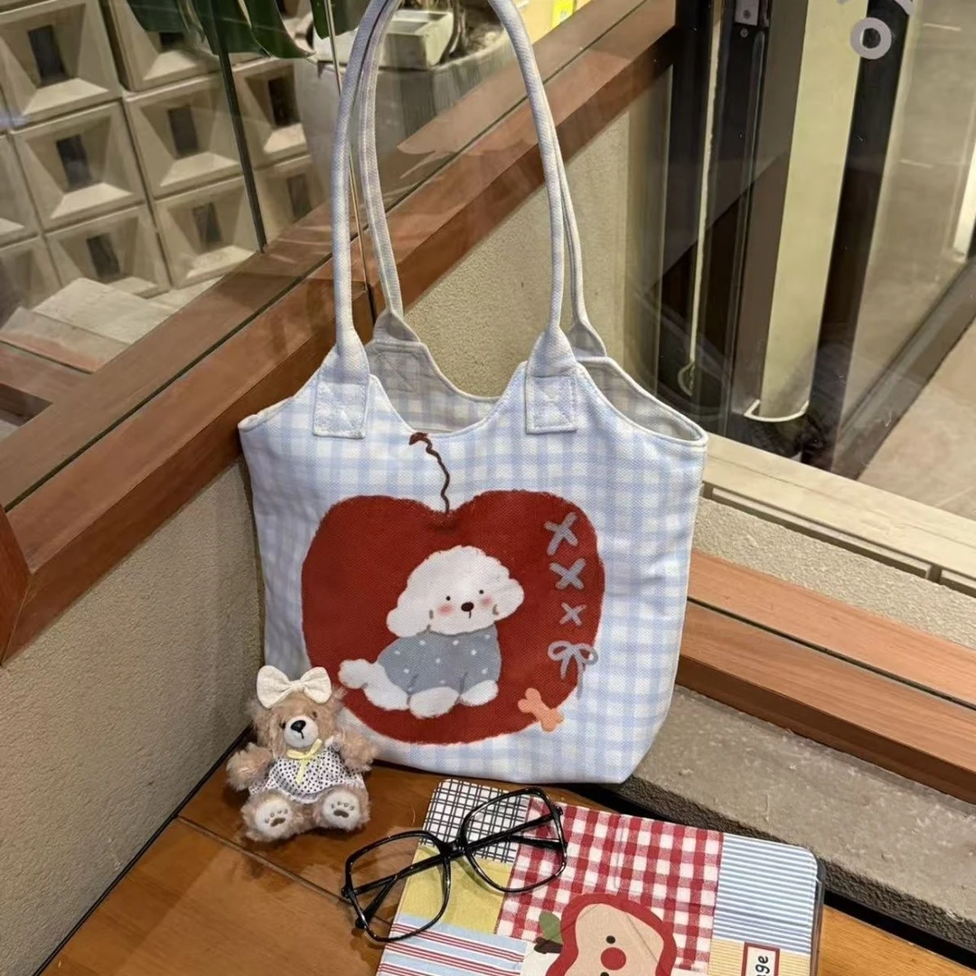 可爱格子苹果小狗包帆布包大容量单肩手提包时尚小众休闲托特包J