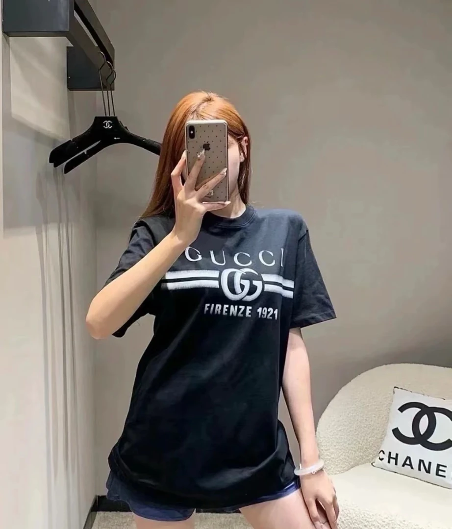 未使用 GUCCI/古驰 男女同款白色腰带字母印花短袖