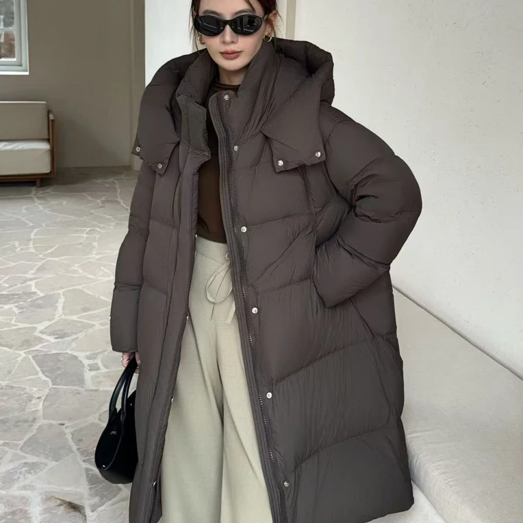韩版泡芙羽绒服女长款连帽宽松加厚2025冬新标90白鸭绒外套