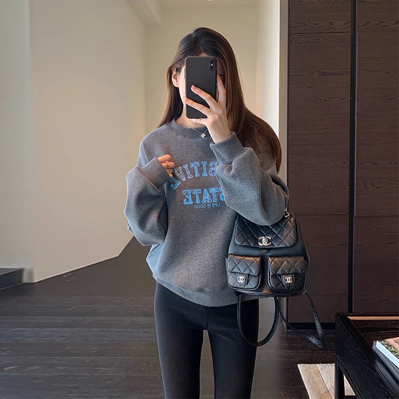 网红灰色圆领宽松卫衣外套女款爆款2025新款春秋薄款长袖休闲上衣