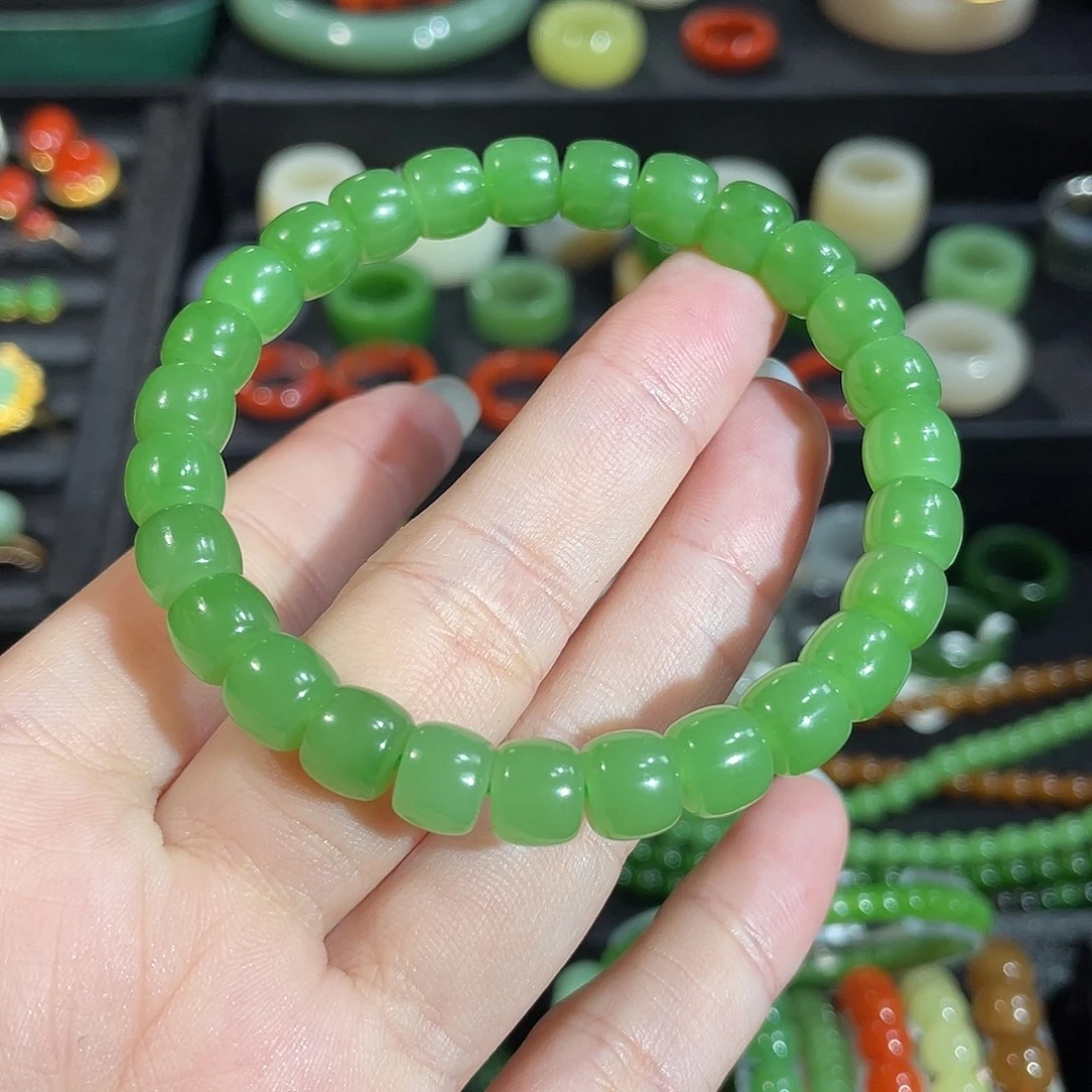 和田玉（碧玉）未镶嵌手串卡8 碧玉果绿老型手串