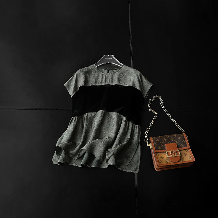 奢贵新中式！提花拼接宽松圆领短袖上衣小衫女夏新