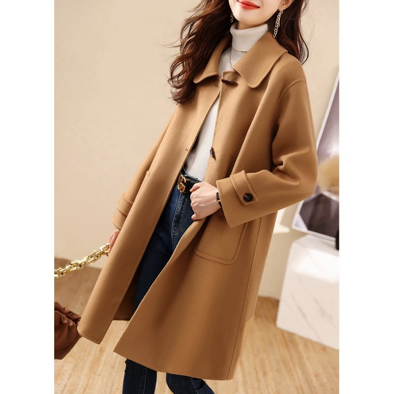 现货2025秋冬新品气质翻领中长款大衣通勤大气简约百搭呢子大衣女