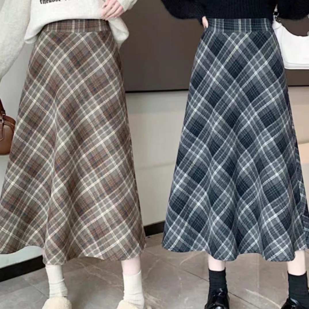 实拍大码胖MM秋冬新款复古韩版毛呢高腰格子中长款半身裙女