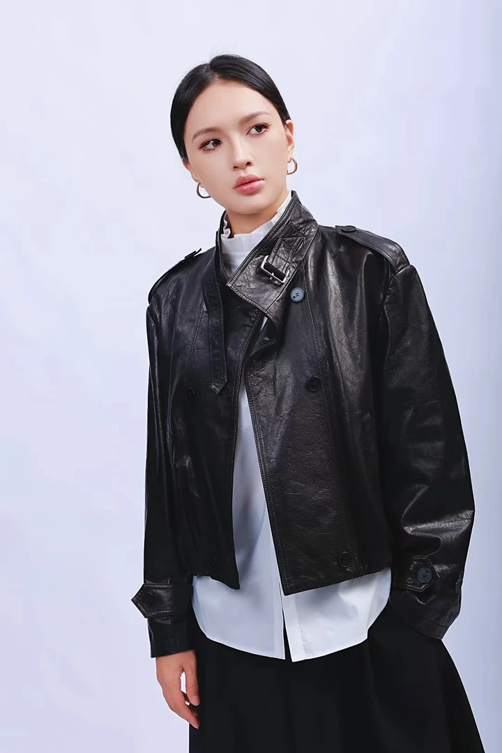 玛丝恩迪短款皮衣气质真皮
