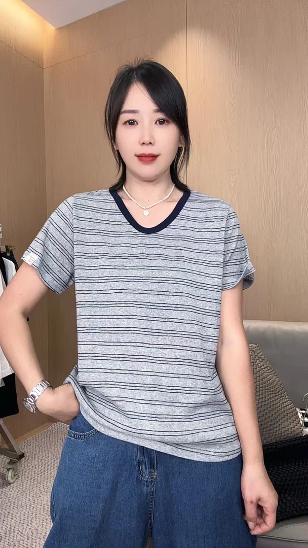 韩系绝美灰色条纹V领短袖 A8879