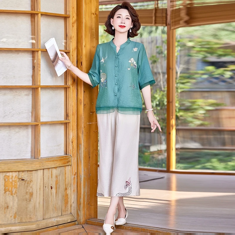 中式夏季2025时尚短袖妈妈夏装洋气新款国风套装中老年上衣两件套