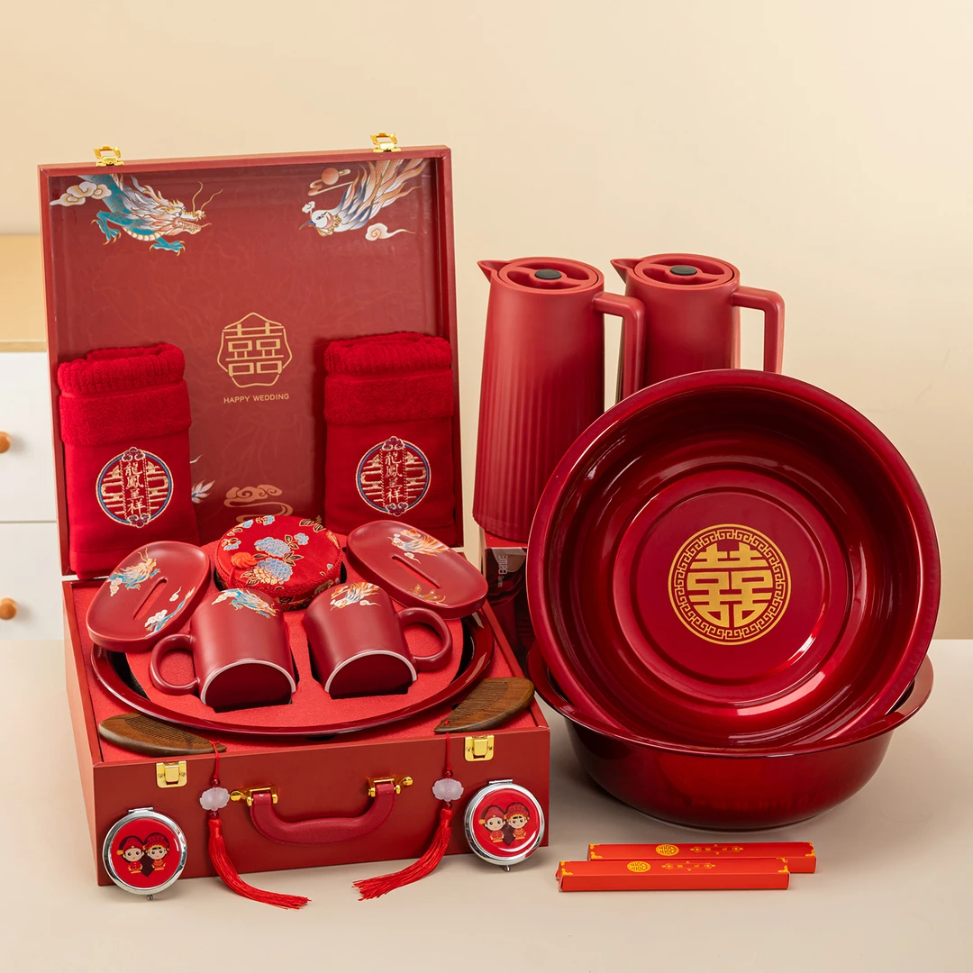 唐呈高档女方陪嫁套装娘家嫁妆物品一整套洗漱杯红色结婚用品大全