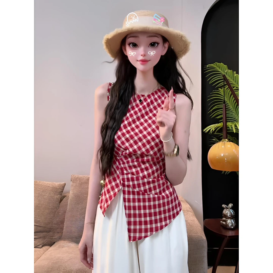 2025夏季新款格子衬衣衬衫女设计感时尚休闲百搭修身显瘦背心上衣