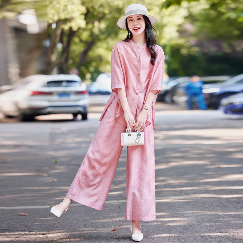 套装减龄夏季休闲风通勤风时尚套装和纸纱静奢风通勤显瘦气质洋气