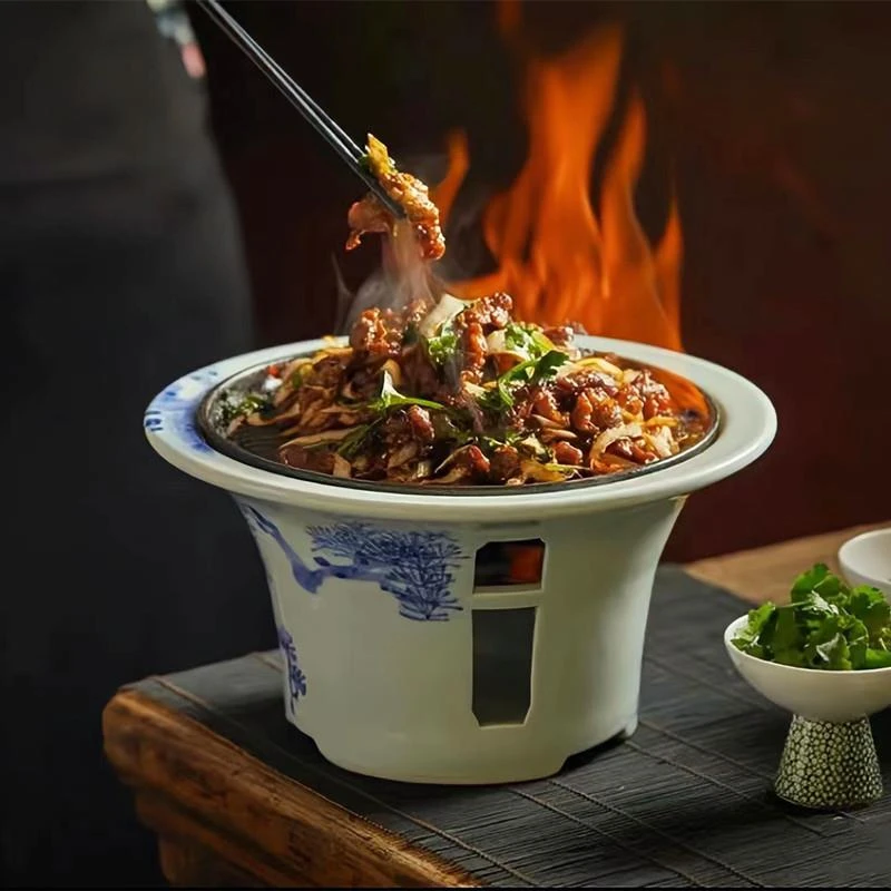 高档新中式铁板烧盘子青花陶瓷明炉牛排炙子烤肉加热保温创意餐具