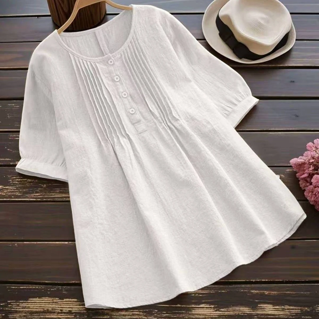 【现货+运费险】宽松纯棉衬衫百搭圆领夏季新款衬衣休闲上衣XU531