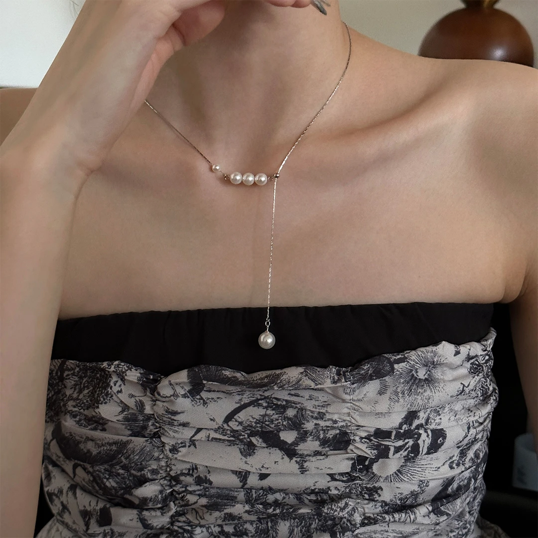 链子925银仿珍珠 项链女款配饰轻奢小众抽拉设计锁骨链颈链高级感