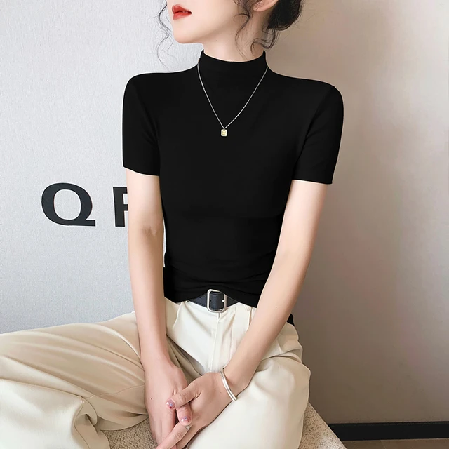 黑色莫代尔短袖t恤女2025春夏新款修身半高领打底衫紧身体恤上衣