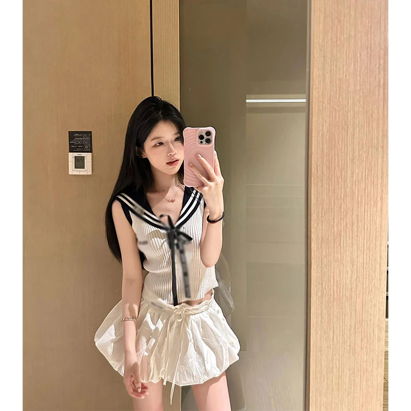 2025夏季新款chic网红学院风减龄海军领针织上衣女配蓬蓬花苞裙裤
