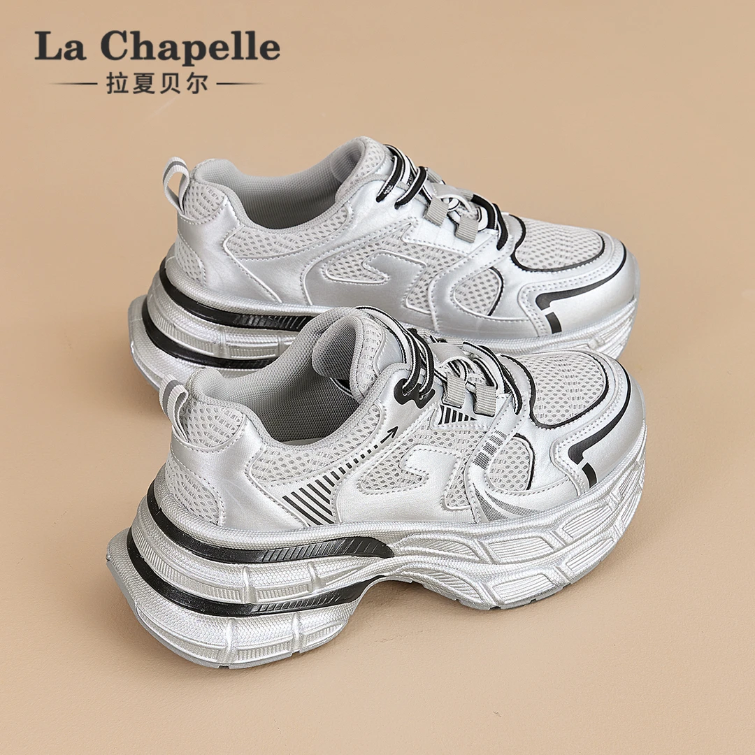 拉夏贝尔老爹鞋女银色2025冬季透气新款厚底增高百搭运动休闲鞋子