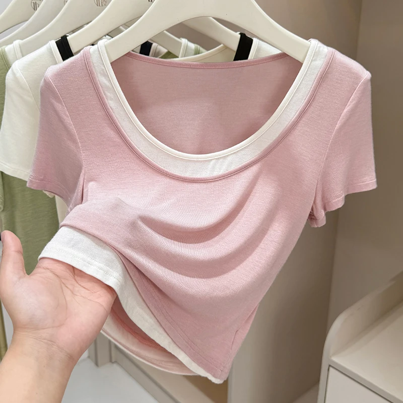 粉色薄款软糯假两件上衣女夏季圆领撞色短袖T恤皮肤衣打底衫小衫