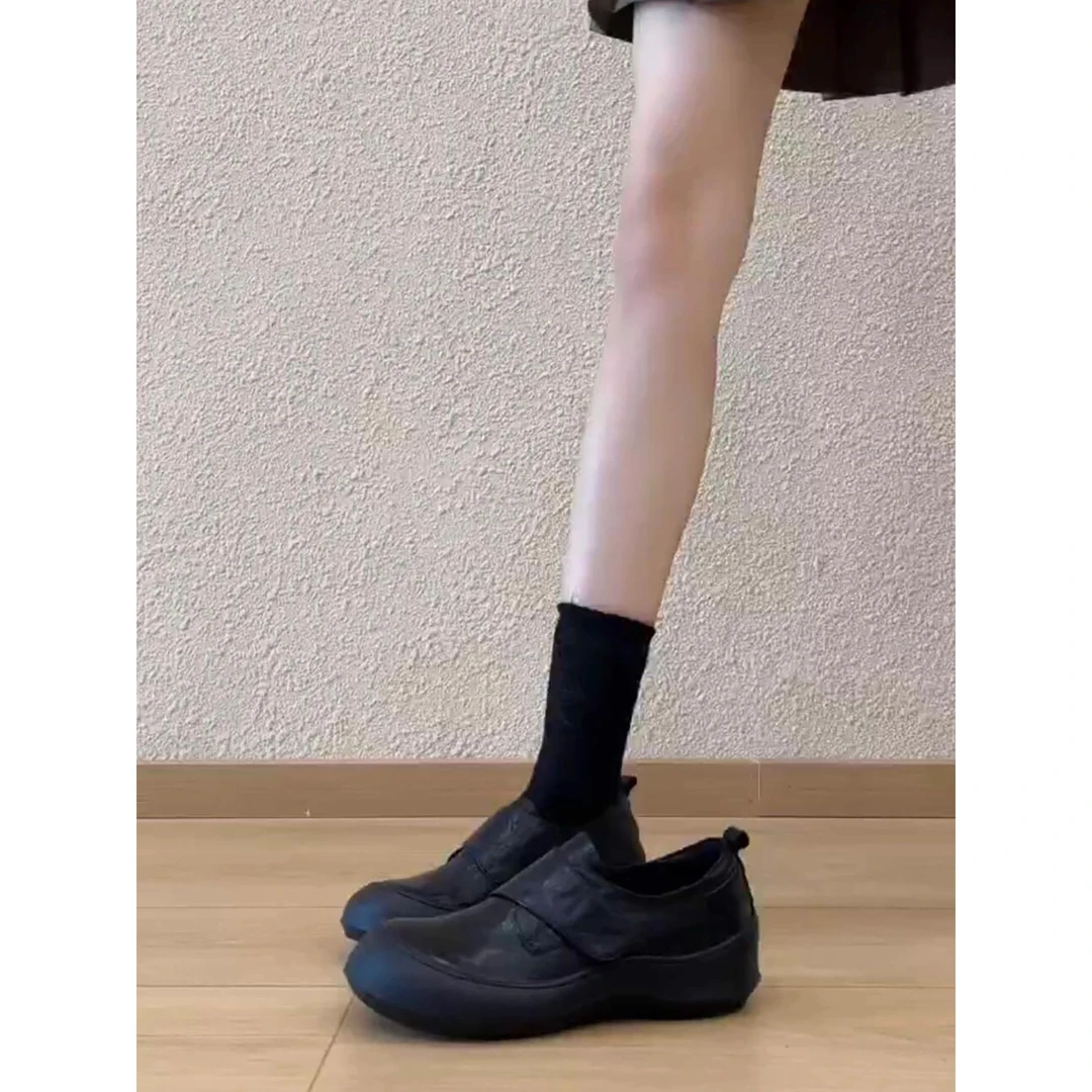 卓诗尼【撤柜】羊皮~复古圆头厚底真皮黑色小皮鞋女休闲运动魔