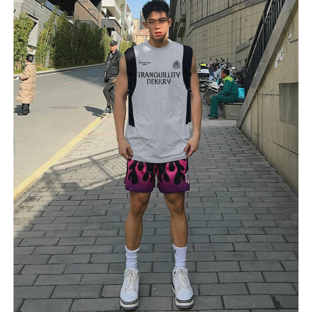 labzaa美式街头数字印花坎肩背心男夏季宽松纯棉无袖打底衫上衣