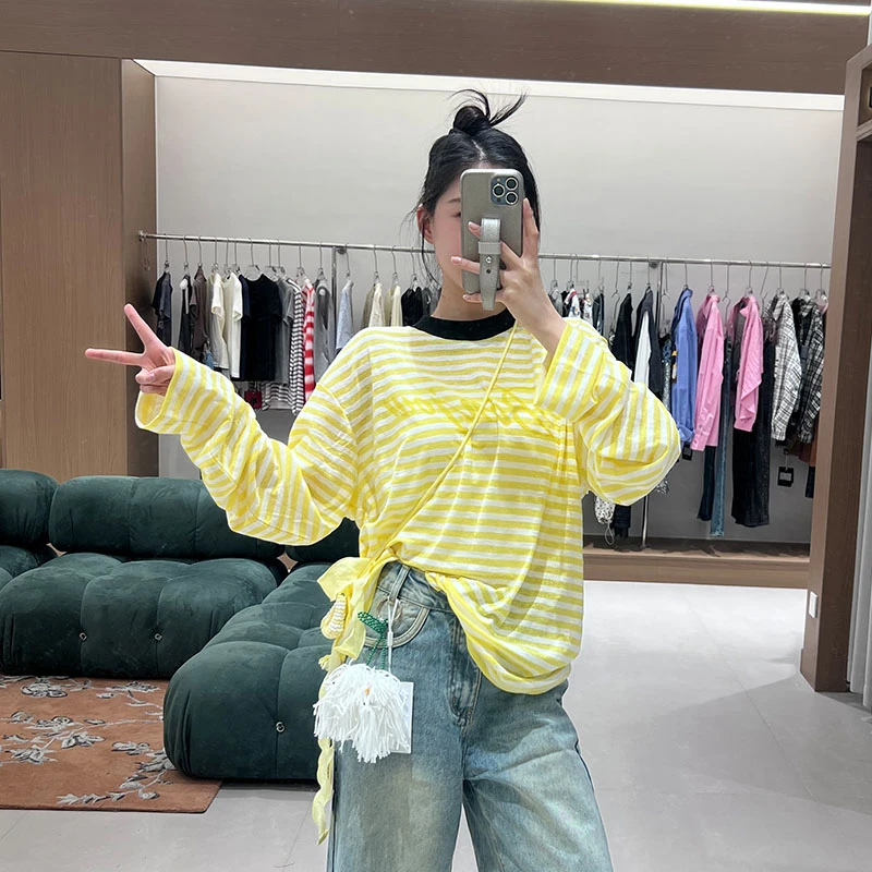 CHEER UP UNIFORM25春季新品法语拉菲草包包条纹长袖T恤