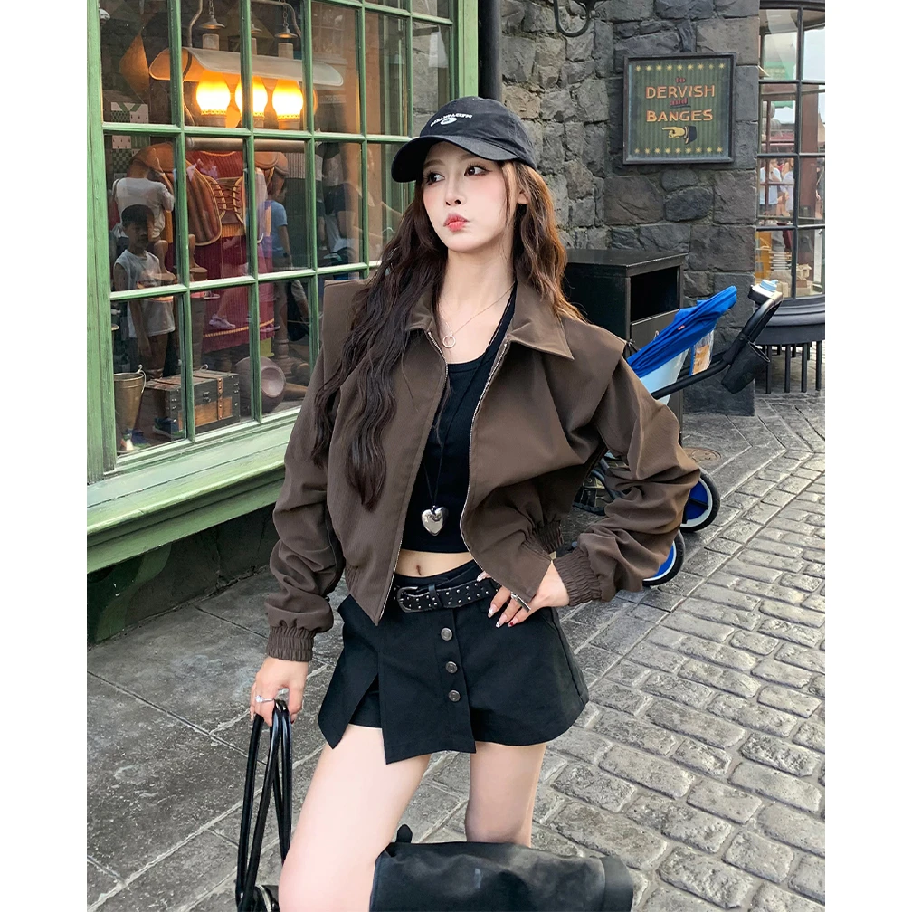 美拉德穿搭感纯色翻领外套女秋季新款辣妹风设计感百搭短款夹克潮