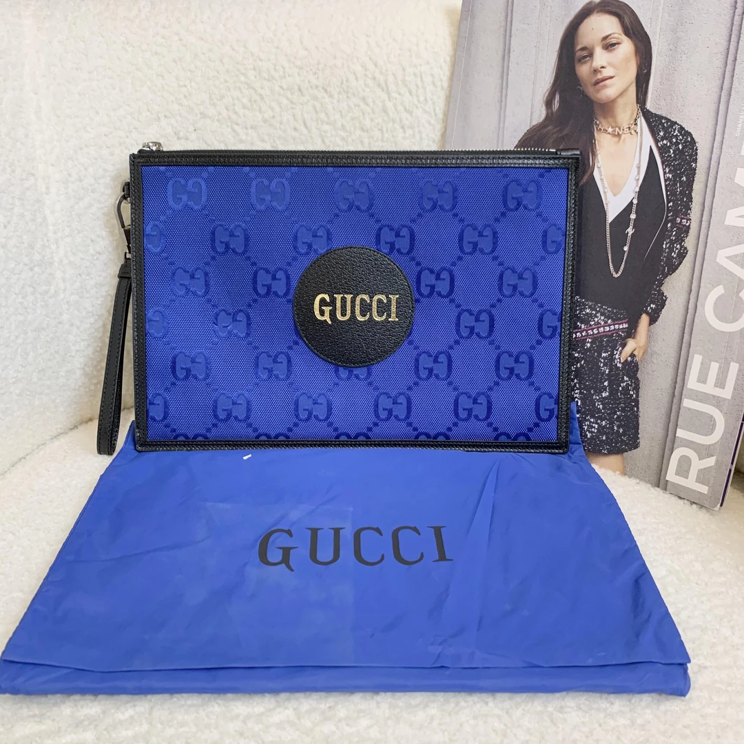 99新 GUCCI/古驰 壹臻/深蓝色帆布拼皮刺绣手拿包/79065382