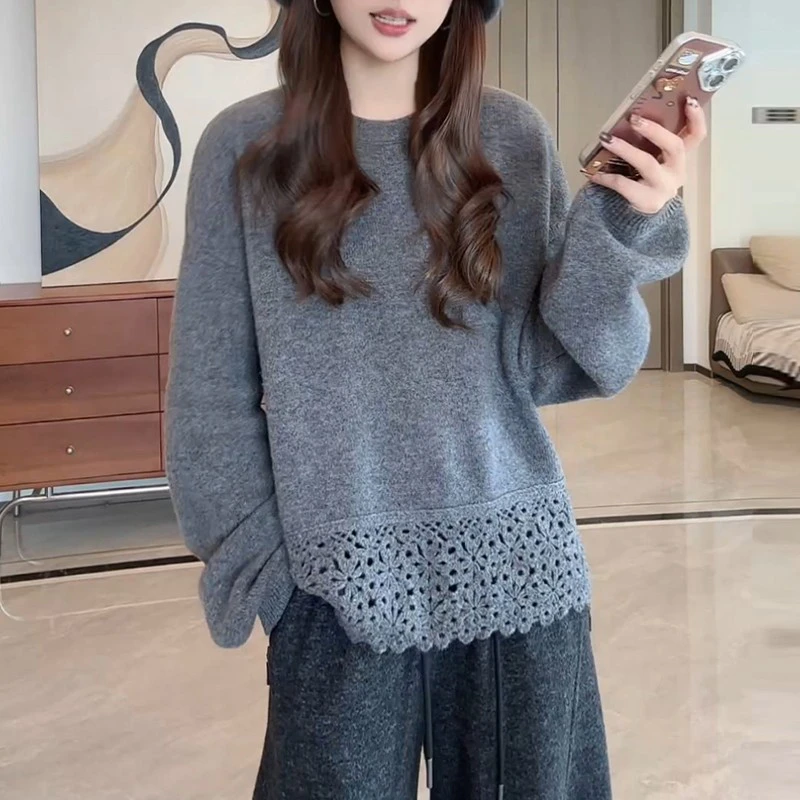 灰色拼接下摆钩花镂空长袖针织衫女2025秋冬新款时尚休闲减龄上衣