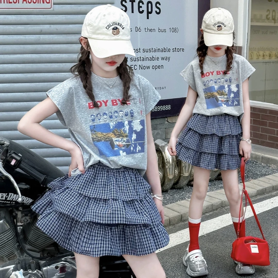 女童夏季美式复古套装2025新款儿童短袖t恤格子蛋糕半身裙两件套