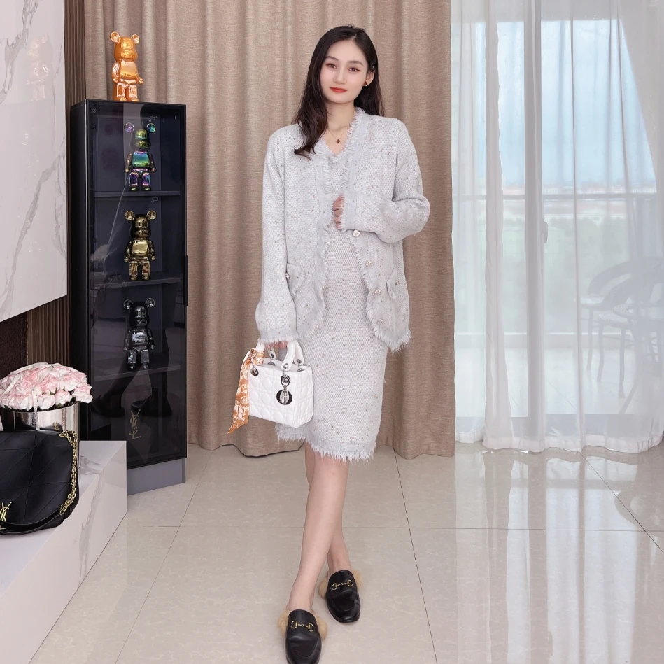 【铂金香香】秋冬款重工小香风连衣裙外套套装轻奢编制宽松孕妇套装