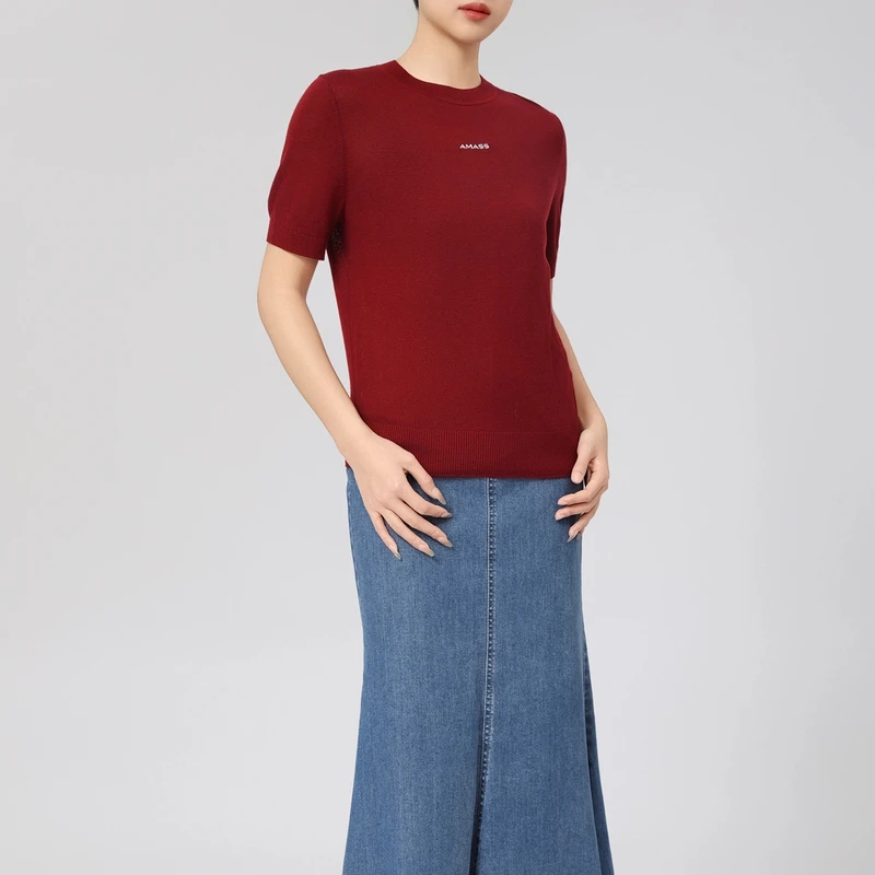 AMASS/阿玛施 新款圆领百搭T恤极简桑蚕丝半袖气质针织衫女538053