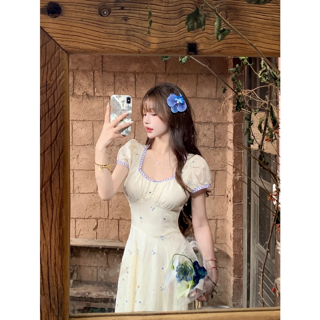 轻奢网红款 未闻花名 法式显瘦修身刺绣碎花长款连衣裙