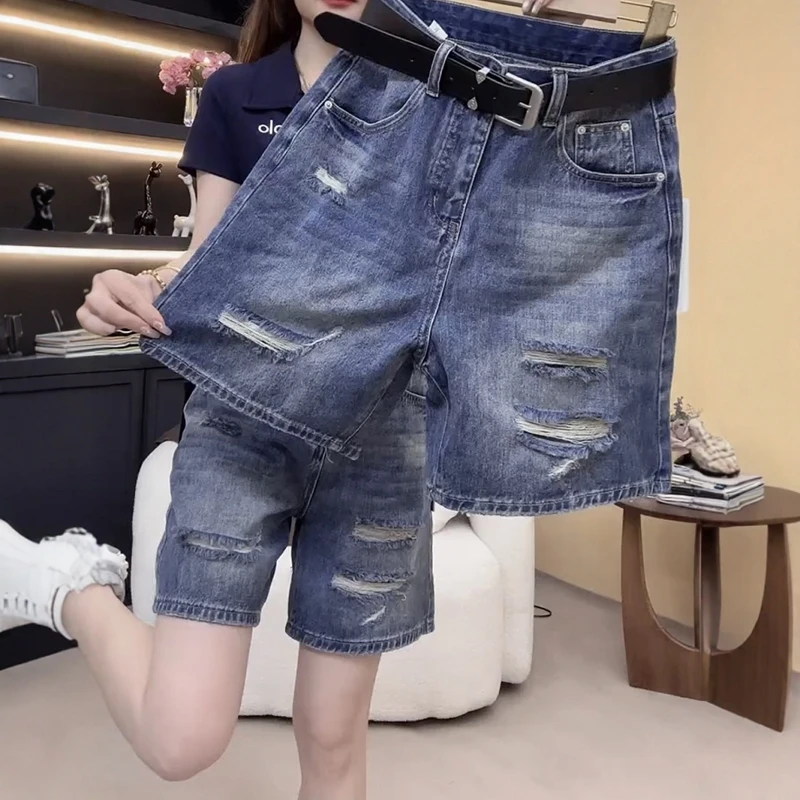 欧货高腰显瘦破洞a字阔腿热裤女夏季薄款大码百搭无弹牛仔短裤子