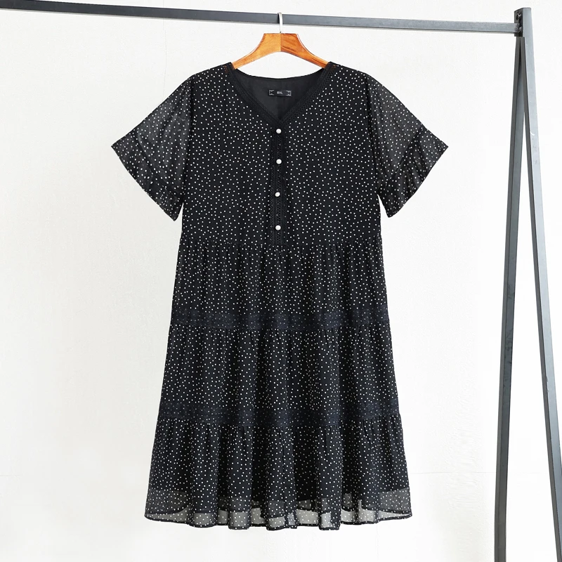 24323C雪纺连衣裙胖妹妹大码女装夏季遮肚子显瘦喇叭袖圆点裙子女