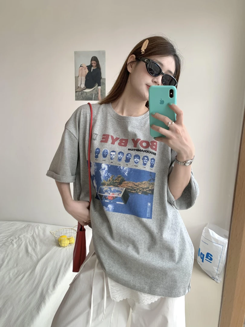 美式复古夏季女款圆领宽松减龄纯棉短袖T恤套头上衣