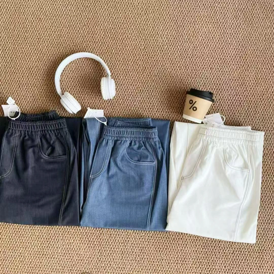 ”空调冰凉感“韩版夏季百搭显瘦垂顺透气软牛仔休闲直筒阔腿裤-D