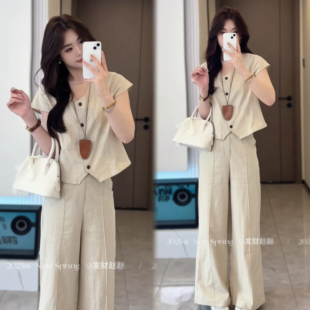 【夏款清仓库】简约杏色通勤亚麻套装女3130减龄韩系长短阔腿裤