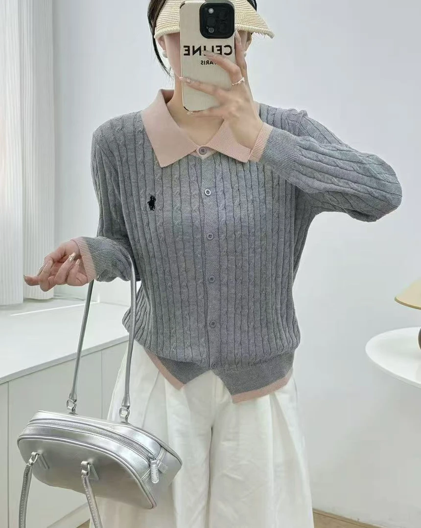 【拉夫刺绣～开衫】秋冬Polo领小马刺绣针织衫开衫女外套撞色上衣