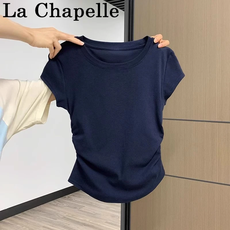 藏蓝色正肩短袖t恤女夏季新款设计感褶皱收腰圆领修身显瘦短上衣