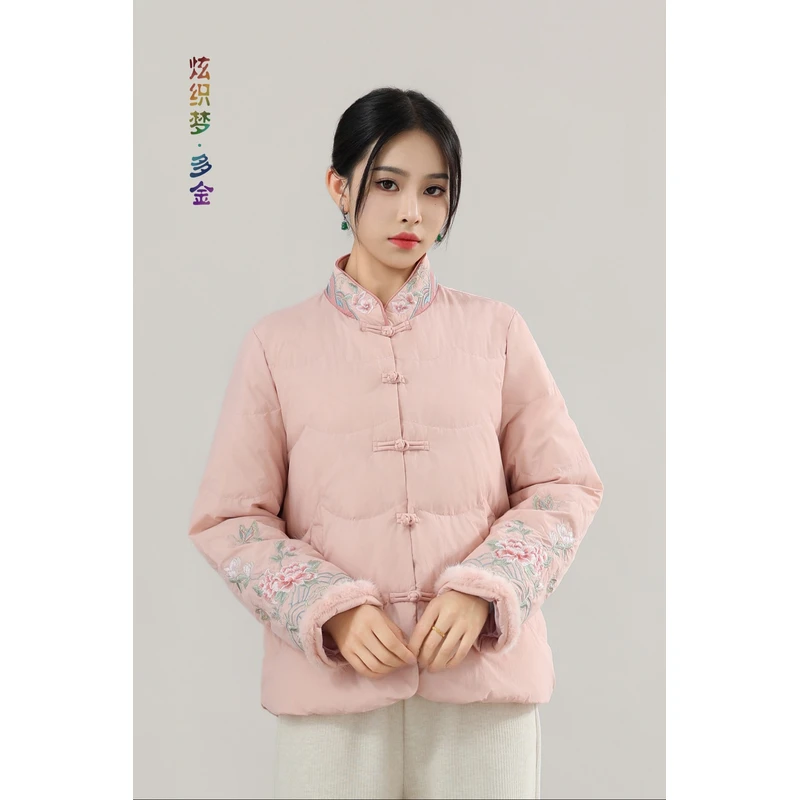 炫织梦多金25年冬立领对襟袖口花朵刺绣羽绒服0003