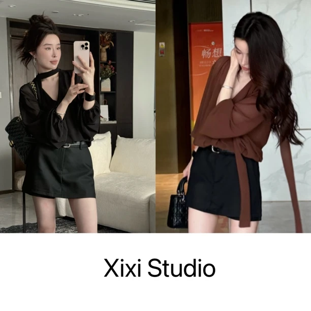 【西西】纯欲气质薄款透纱长袖上衣