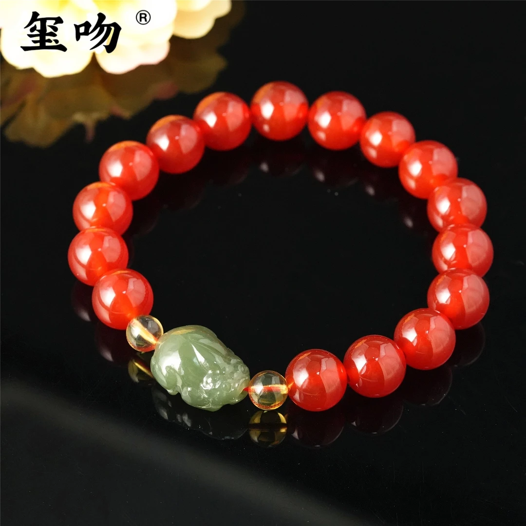 【玺吻】招财进宝 手工精雕天然和田玉貔貅手串（弹力绳）
