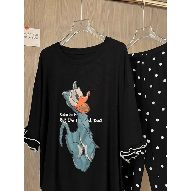 大码卡通唐老鸭睡衣女夏季薄款恤短袖2025新款荷叶边波点家居服