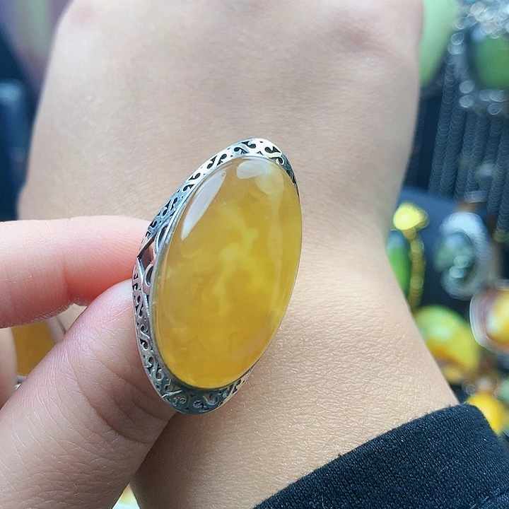 琥珀裸石银S925镶嵌戒指