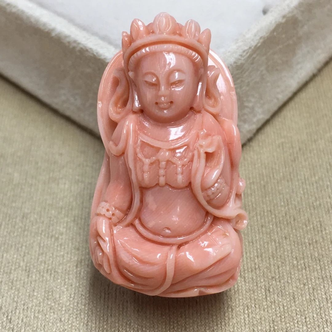 台湾momo珊瑚粉红色雕刻度母菩萨吊坠 雕工精美品质品相如图