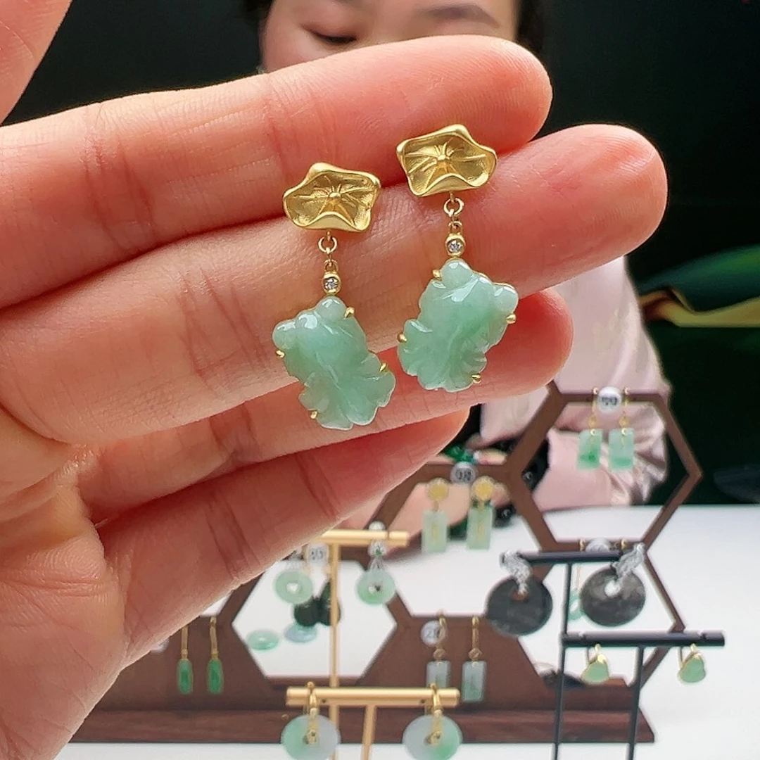 翡翠耳饰18K金镶嵌天然翡翠