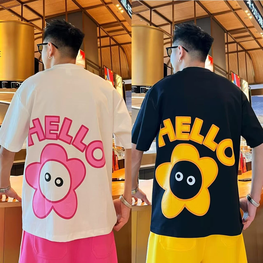 基础百搭宽松个性休闲男士绣标设计卡通字母印花帅气圆领短袖T恤