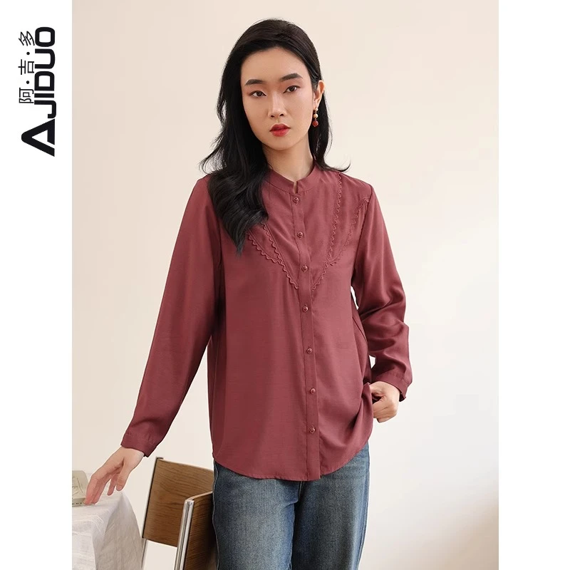 A31110阿吉多长袖衬衫女春季新款通勤气质简约百搭宽松衬衣上衣