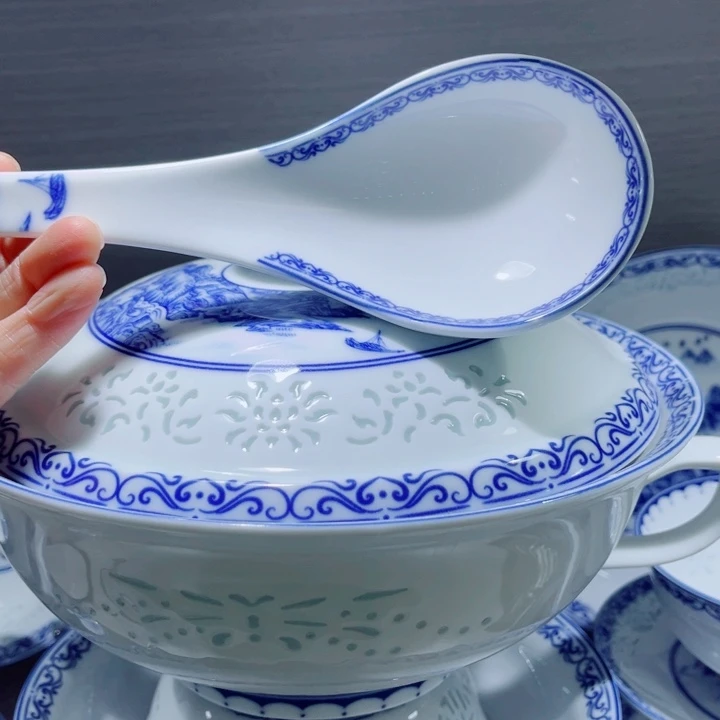 青花玲珑9寸品锅千里江山带勺子